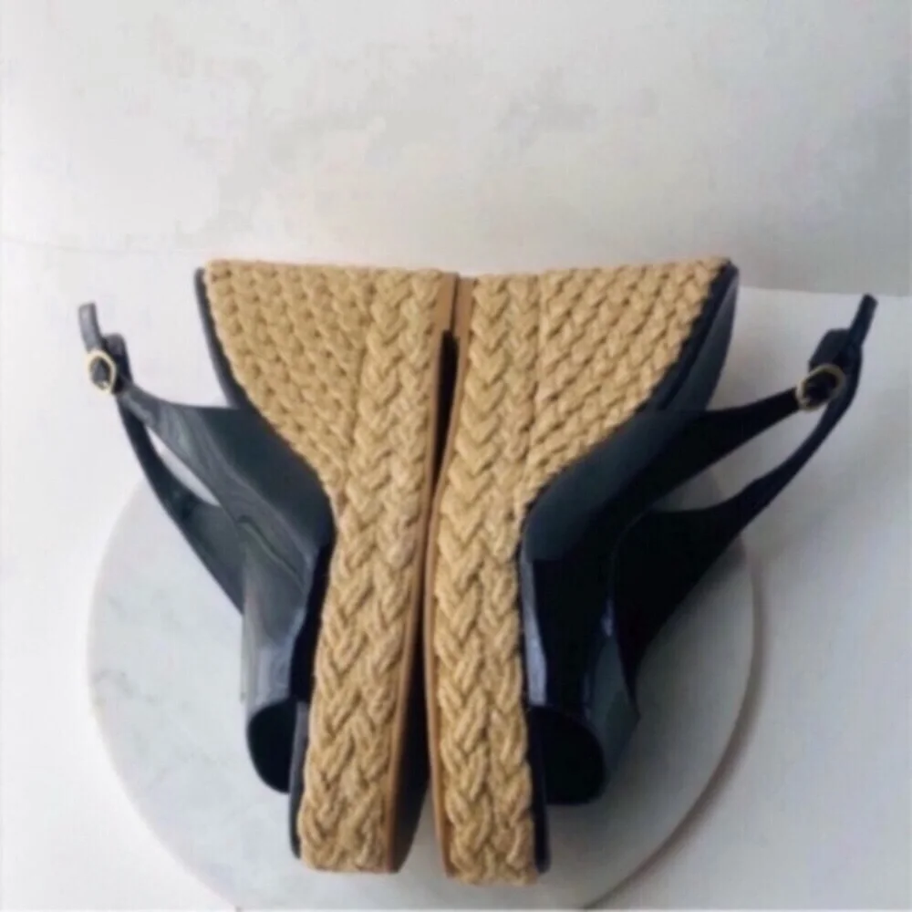 STUART WEITZMAN Island Espadrille Black Patent Leather Platform Slingback Wedges